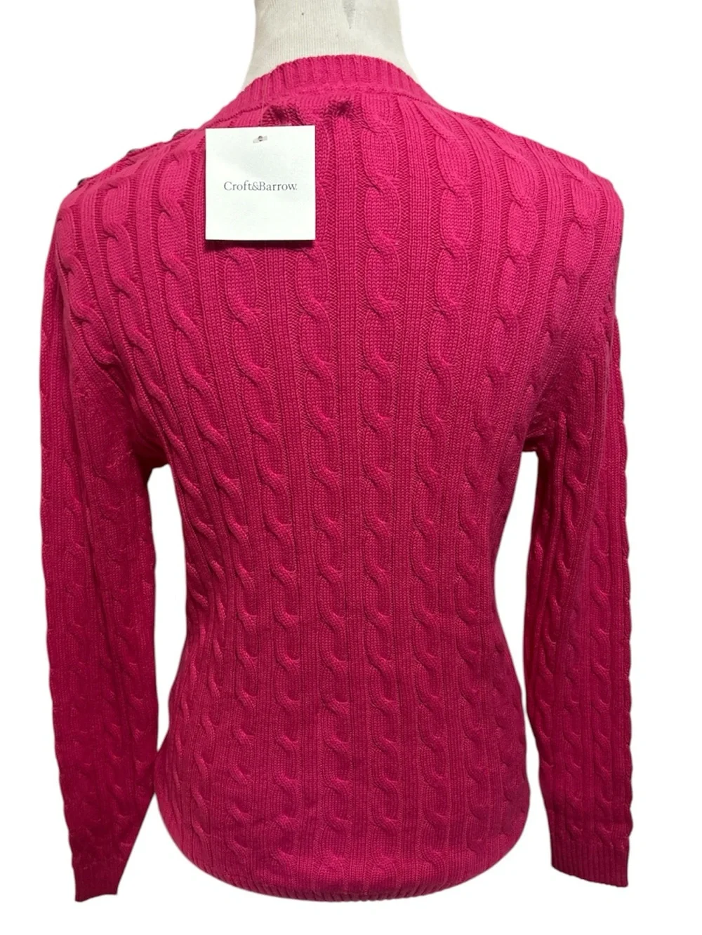 NWT Croft & Barrow Bright Pink Cable Crewneck Sweater Button Detail Preppy M